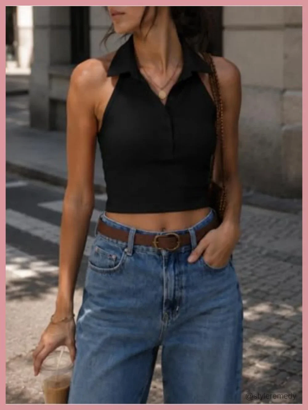 Halter Crop Tops for Women Backless Sleeveless Ribbed Knit Collared Tank Top